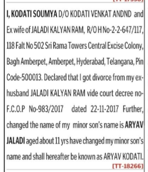👶 Minor Name Change Notice – Aryav Jaladi to Aryav Kodati