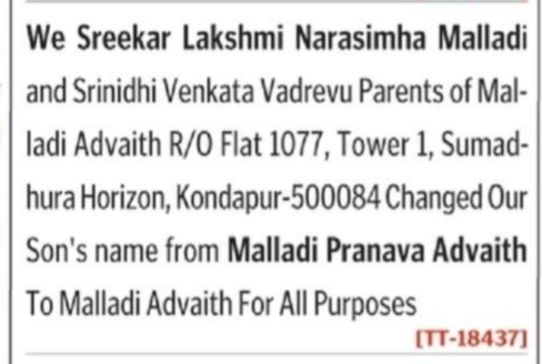 👶 Minor Name Change Notice – Malladi Advaith