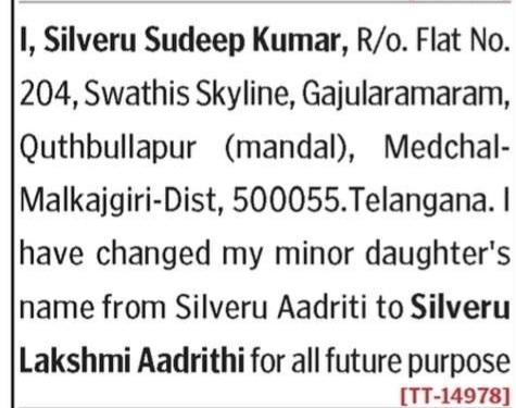 Minor Name Change Notice - Silveru Aadriti to Silveru Lakshmi Aadriti