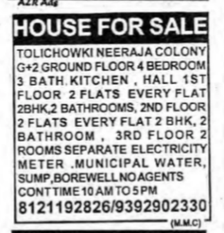 Multiple Flats & House for Sale in Tolichowki