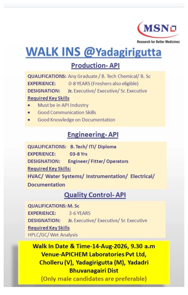 Multiple pharma job Openings in Yadagirigutta