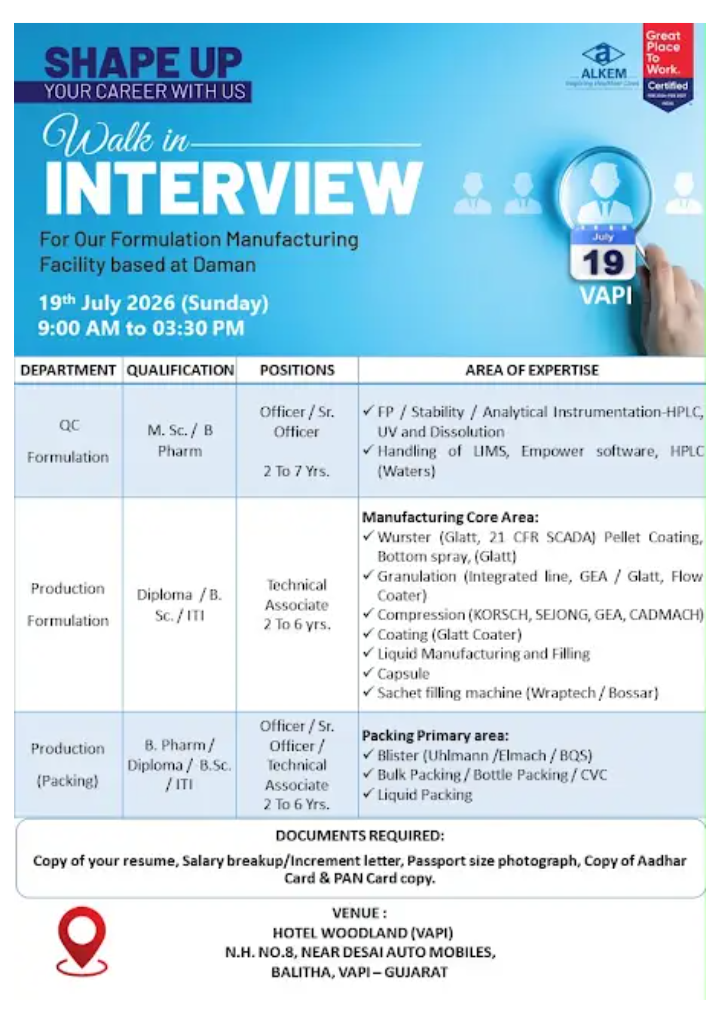 multiple vacancies at  ALKEM Laboratories