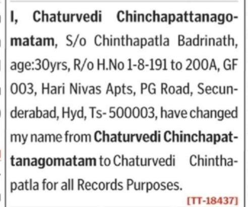 Name Change Notice –Chaturvedi Chinthapatla