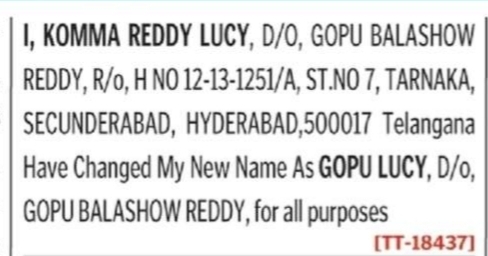 Name Change Notice – Komma Reddy Lucy to Gopu Lucy