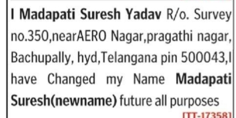 Name Change Notice – Madapati Suresh Yadav to Madapati Suresh
