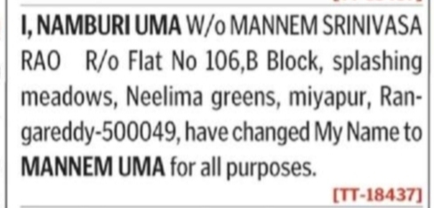 Name Change Notice – Namburi Uma to Mannem Uma