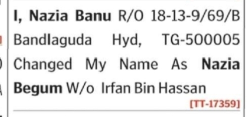 Name Change Notice – Nazia Banu to Nazia Begum