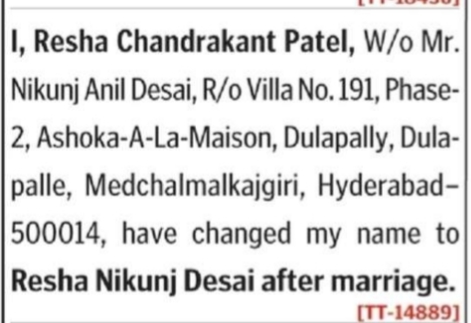 Name Change Notice– Resha Chandrakant Patel to Resha Nikunj Desai
