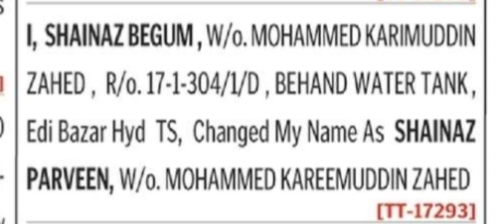 Name Change Notice – Shainaz Begum to Shainaz Parveen