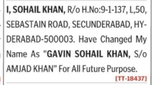 Name Change Notice – Sohail Khan to Gavin Sohail Khan