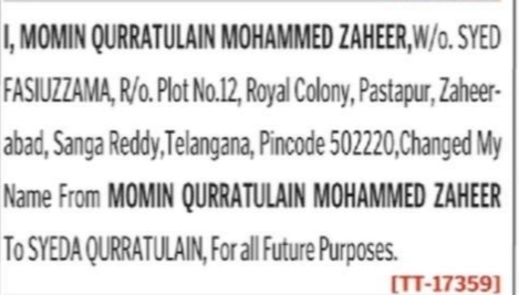 Name Change Notice - Syeda Qurratulain