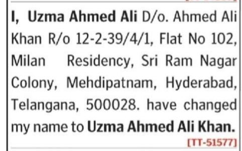 Name Change Notice – Uzma Ahmed Ali to Uzma Ahmed Ali Khan