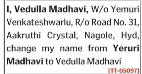 Name Change Notice – Yeruri Madhavi to Vedulla Madhavi