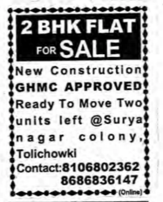 New Construction 2 BHK for sale in Tolichowki