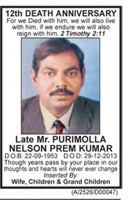 Obituary  Mr. Purimolla Nelson Prem Kumar
