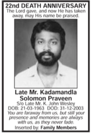 Obituary-  Kadamandla Solomon Praveen