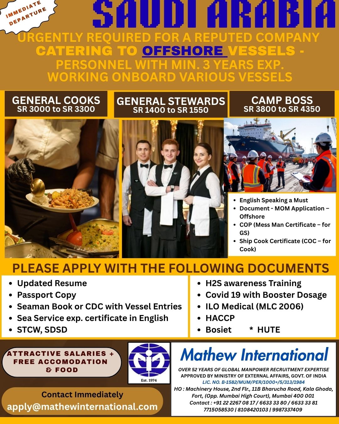 Offshore Catering vacancies in Saudi Arabia 🇸🇦