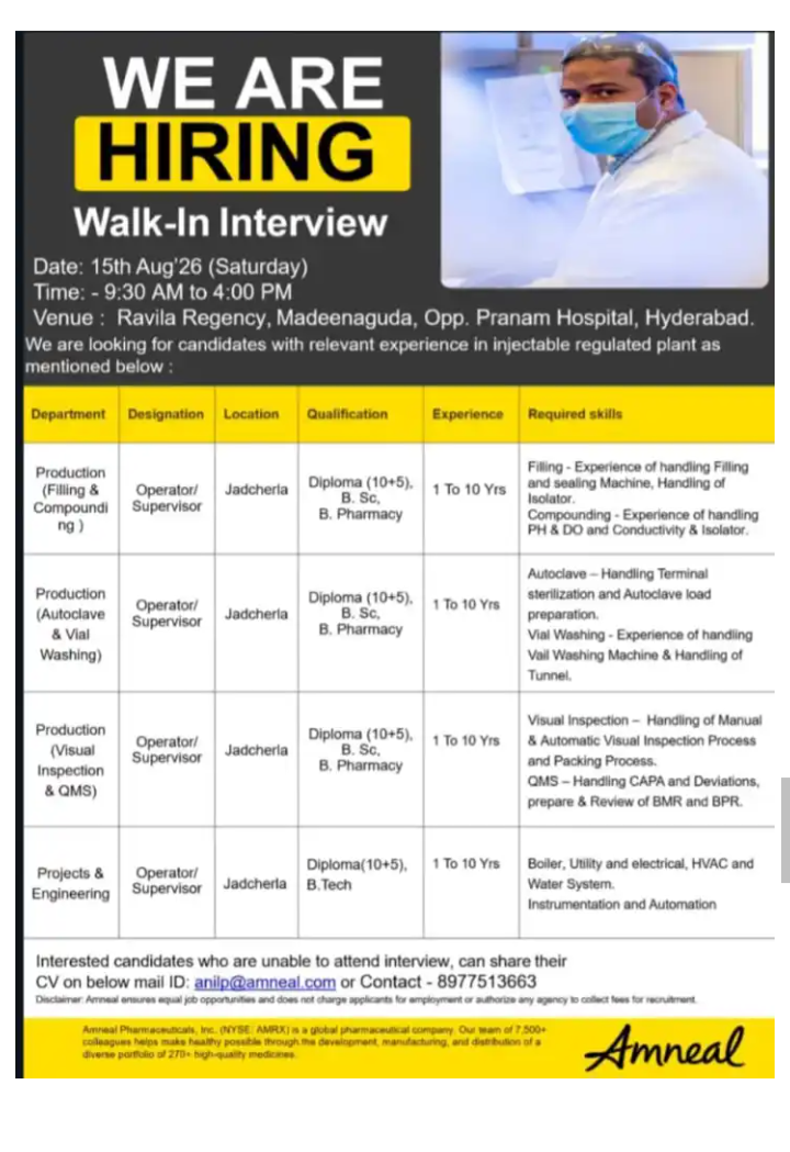 Operator / Supervisor  required in Jadcherla