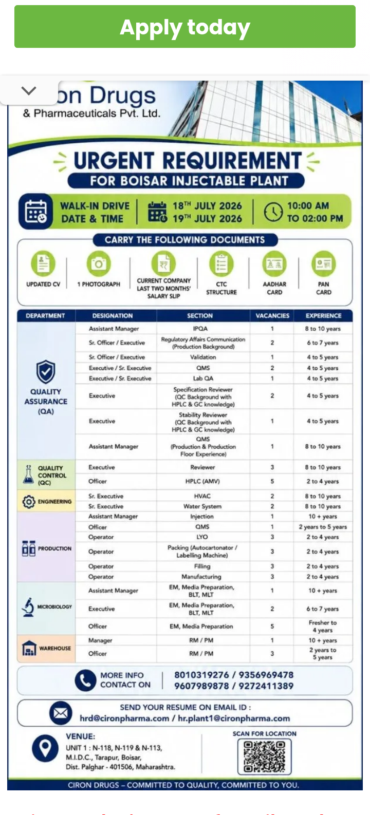 pharma jobs opportunity at multiple departments