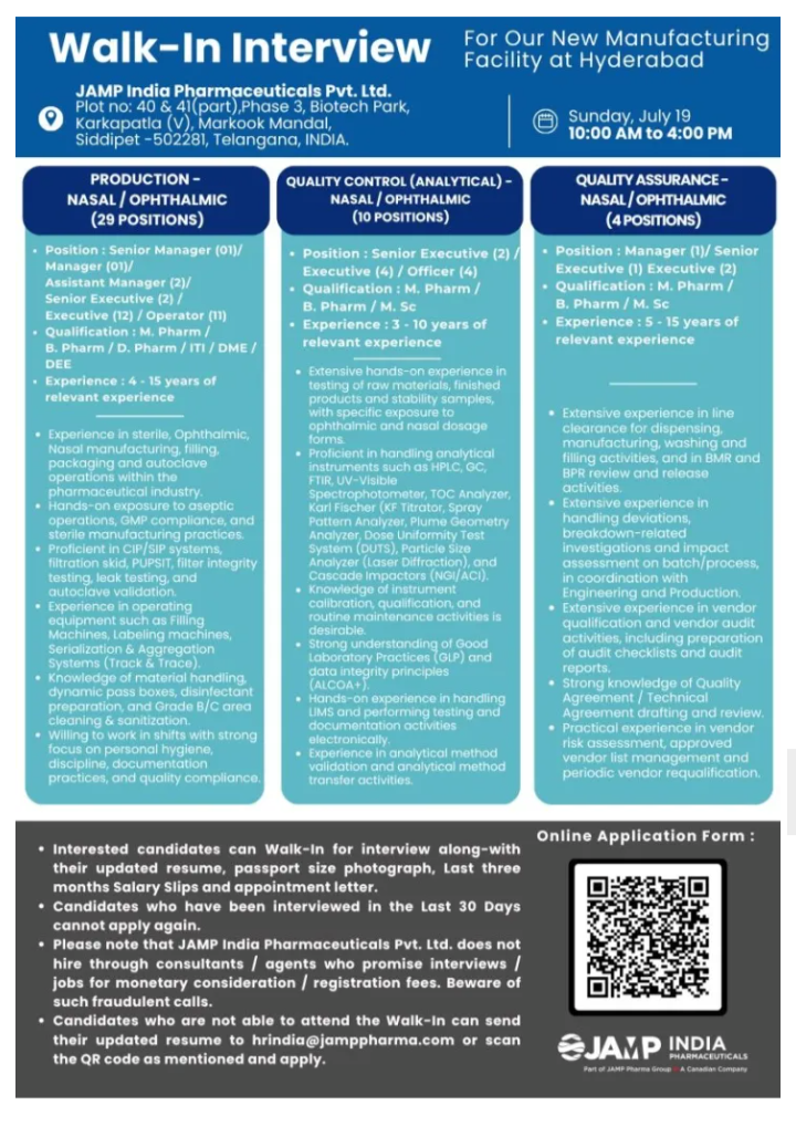 pharma jobs opportunity at multiple departments