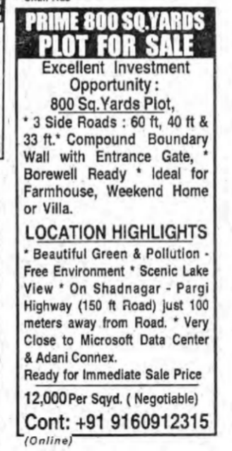 Prime 800 Sq. Yards Plot for sale – Shadnagar–Pargi Highway