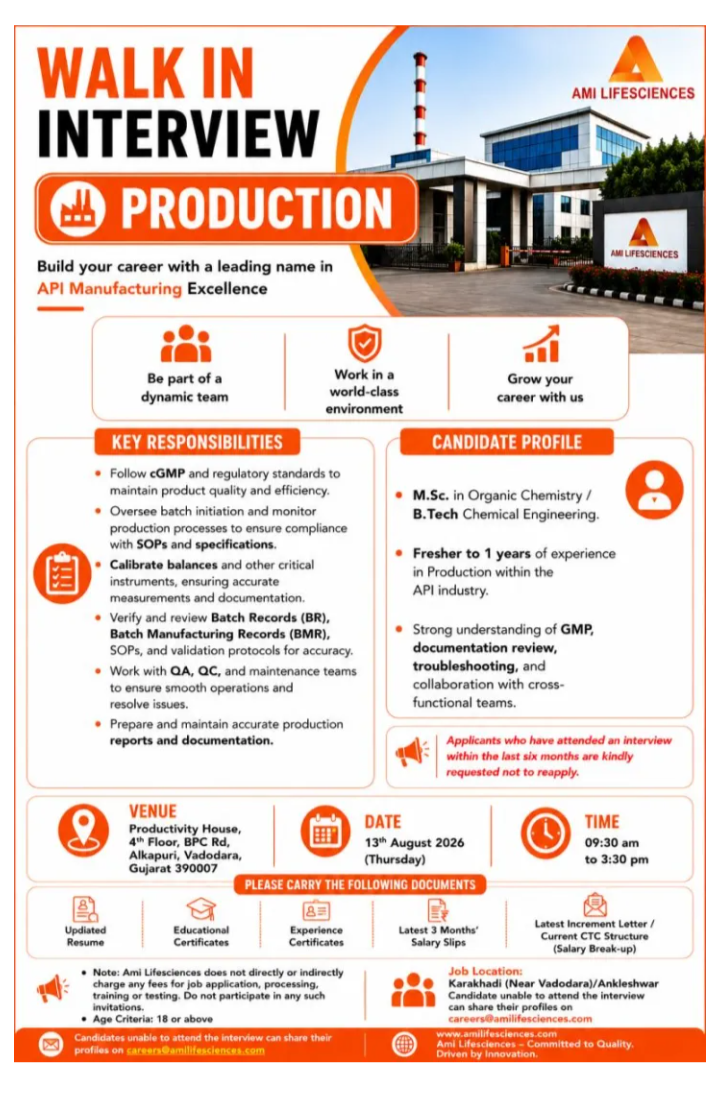 Production – API Manufacturing staff required in Gujarat