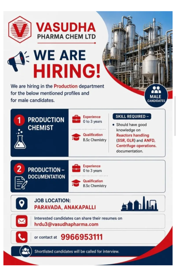 Production Chemist / Documentation required in Anakapalli