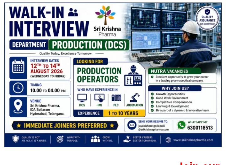 Production Operator required in Hyderabad