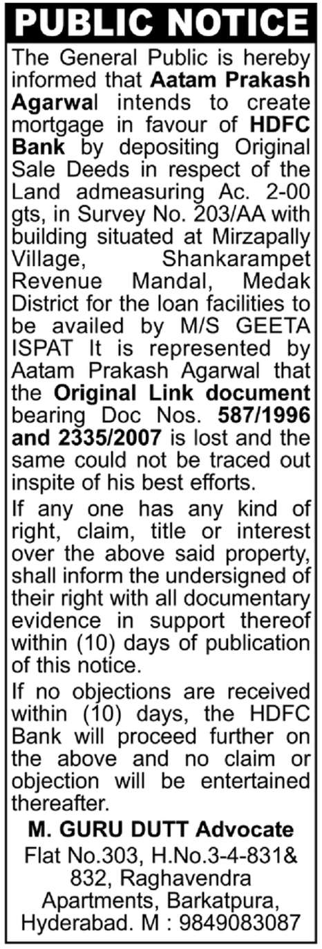 Property Mortgage Notice (Medak)