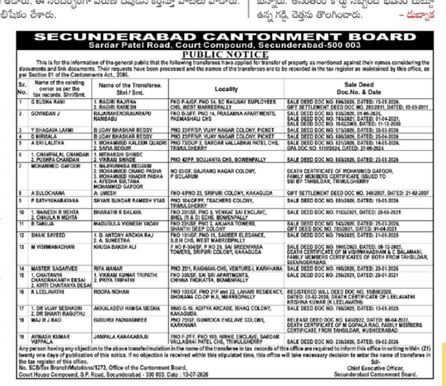 Property Mutation Notice – Secunderabad Cantonment Board