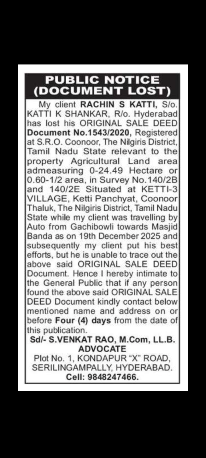 Public Intimation Regarding Loss of Original Sale Deed 🏠📑