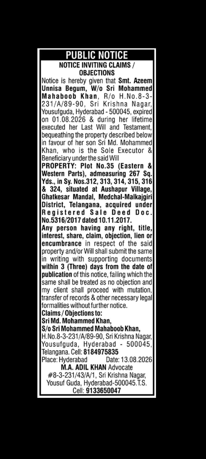 PUBLIC NOTICE – CLAIMS AND OBJECTIONS
