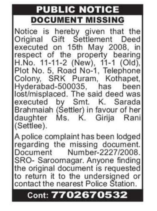 Public Notice – Document Missing