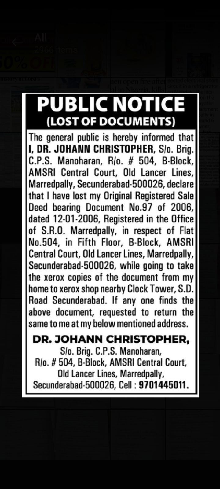 Public Notice - Lost of Documents for Dr. Johann Christopher