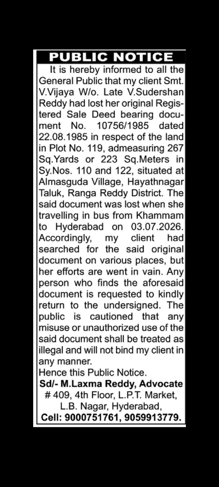 Public Notice: Lost Original Sale Deed 📜