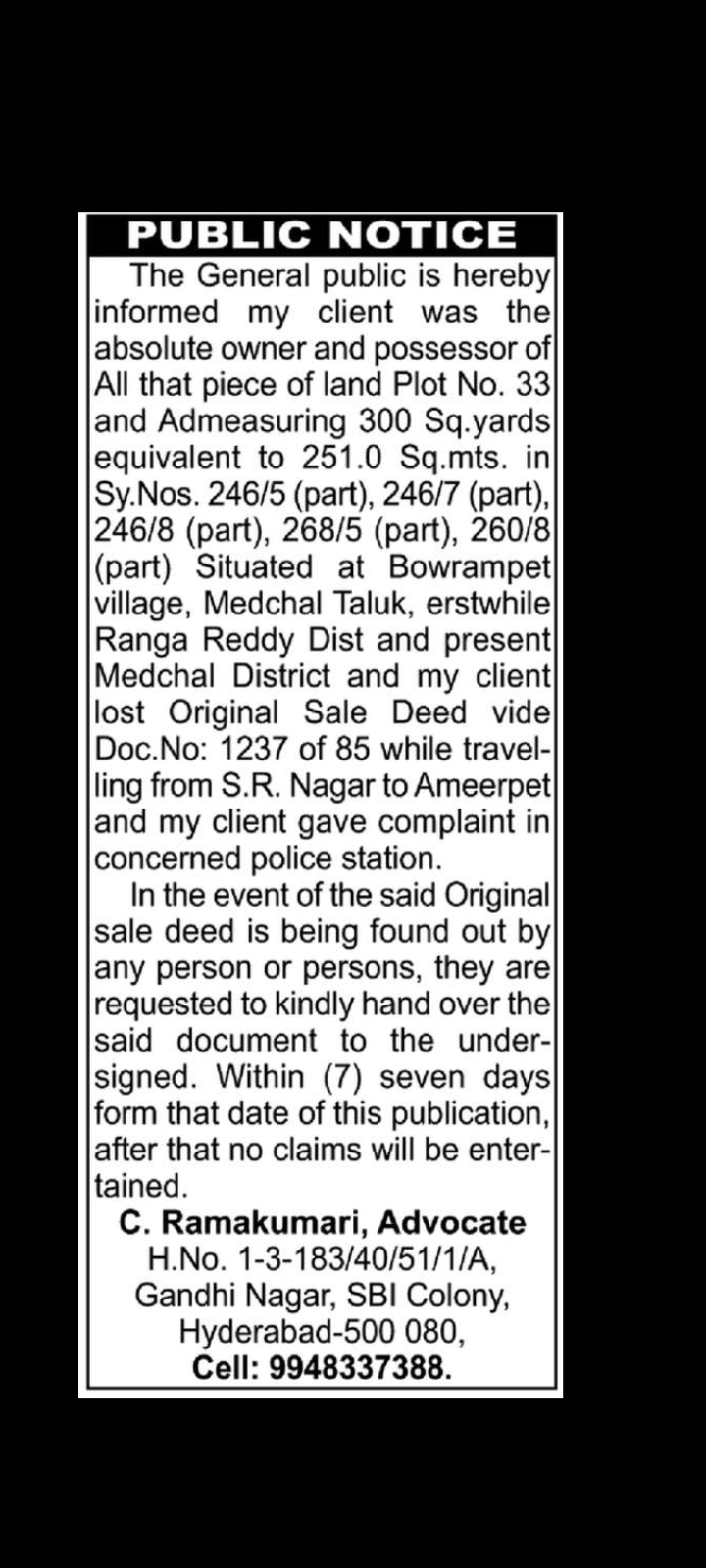 PUBLIC NOTICE – MISPLACED ORIGINAL SALE DEED