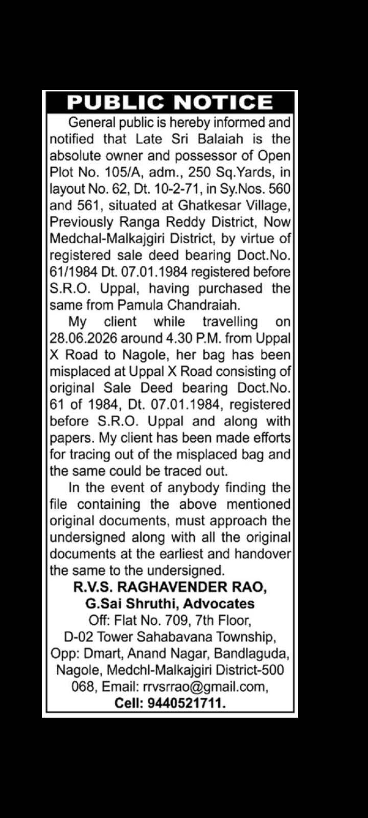 PUBLIC NOTICE – MISPLACED ORIGINAL SALE DEED