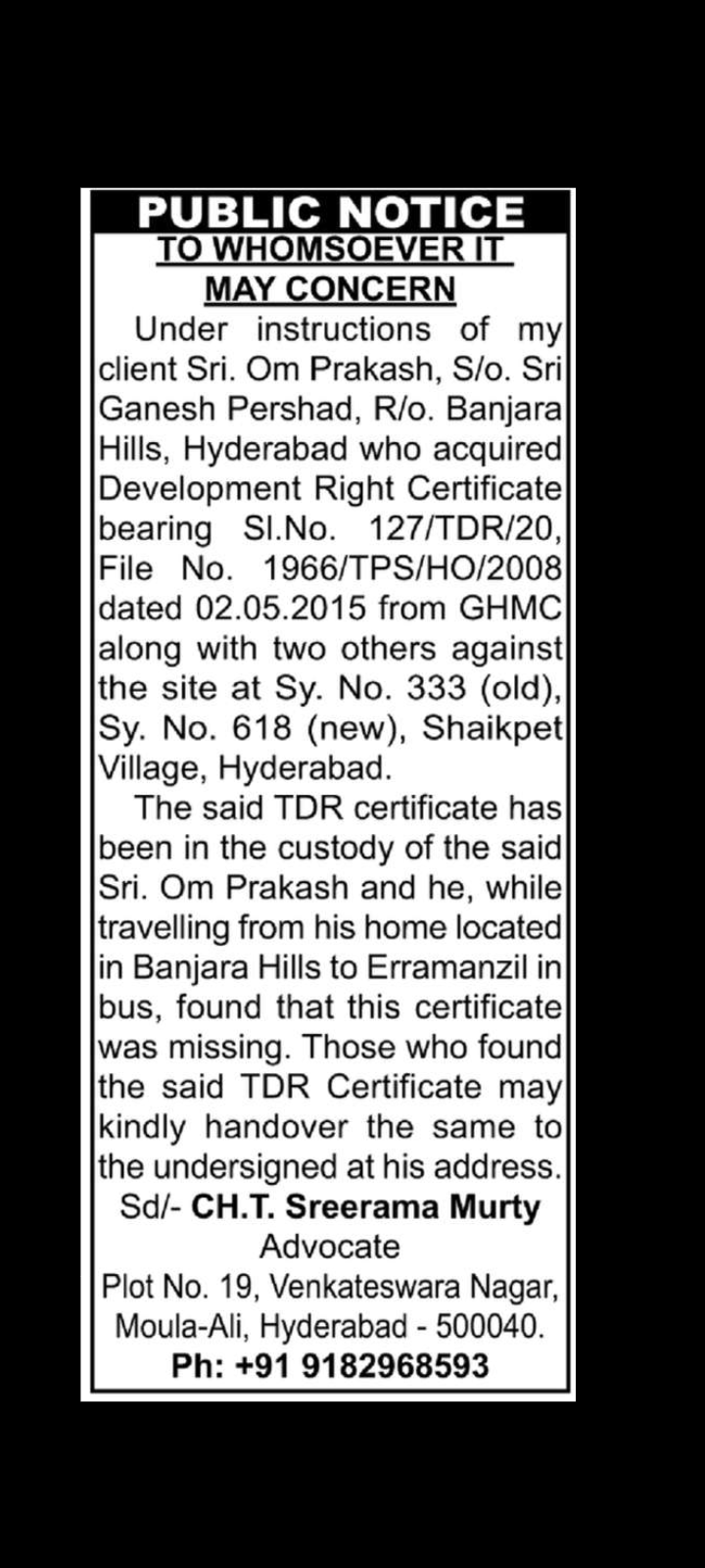 PUBLIC NOTICE – MISSING DEVELOPMENT RIGHT CERTIFICATE (TDR)Shaikpet, Hyderabad