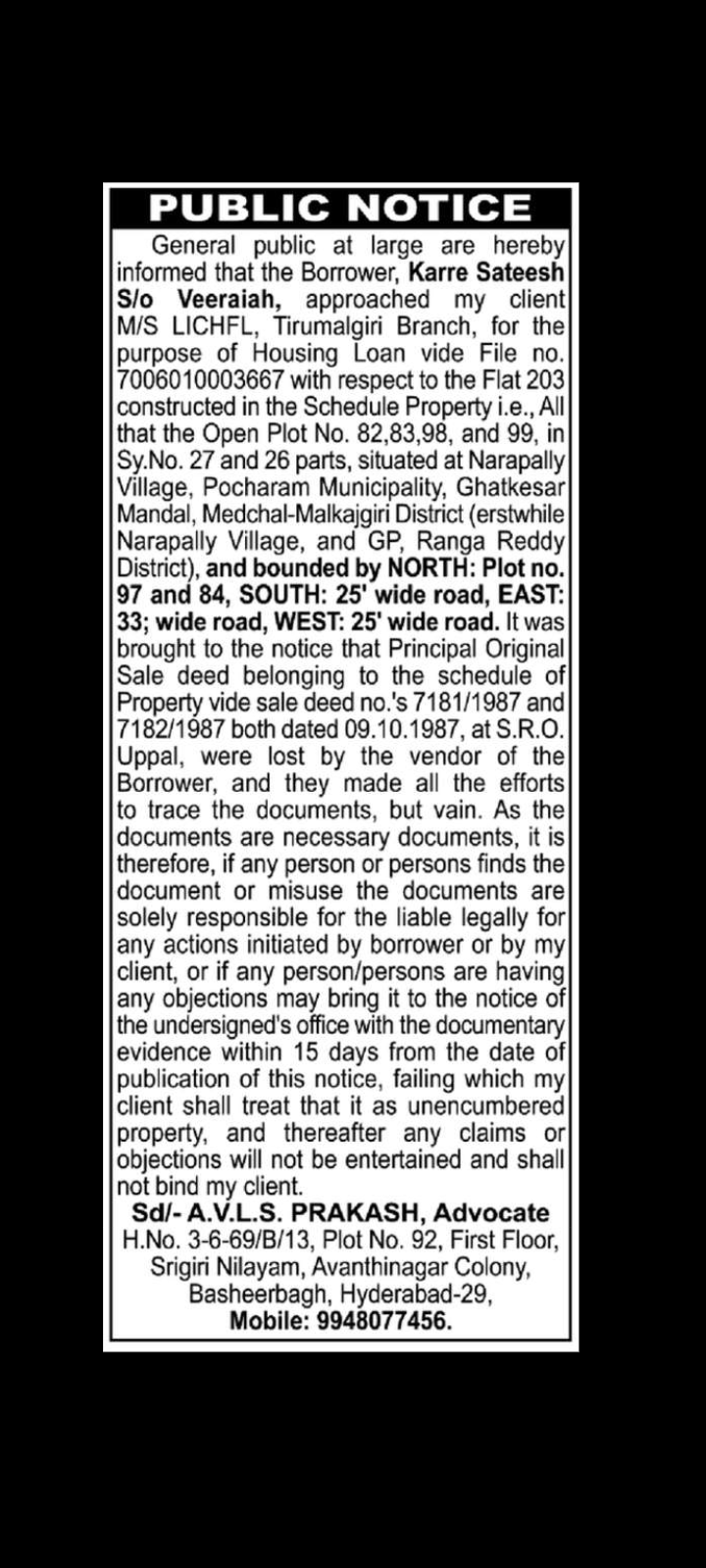 PUBLIC NOTICE – MISSING ORIGINAL SALE DEEDS