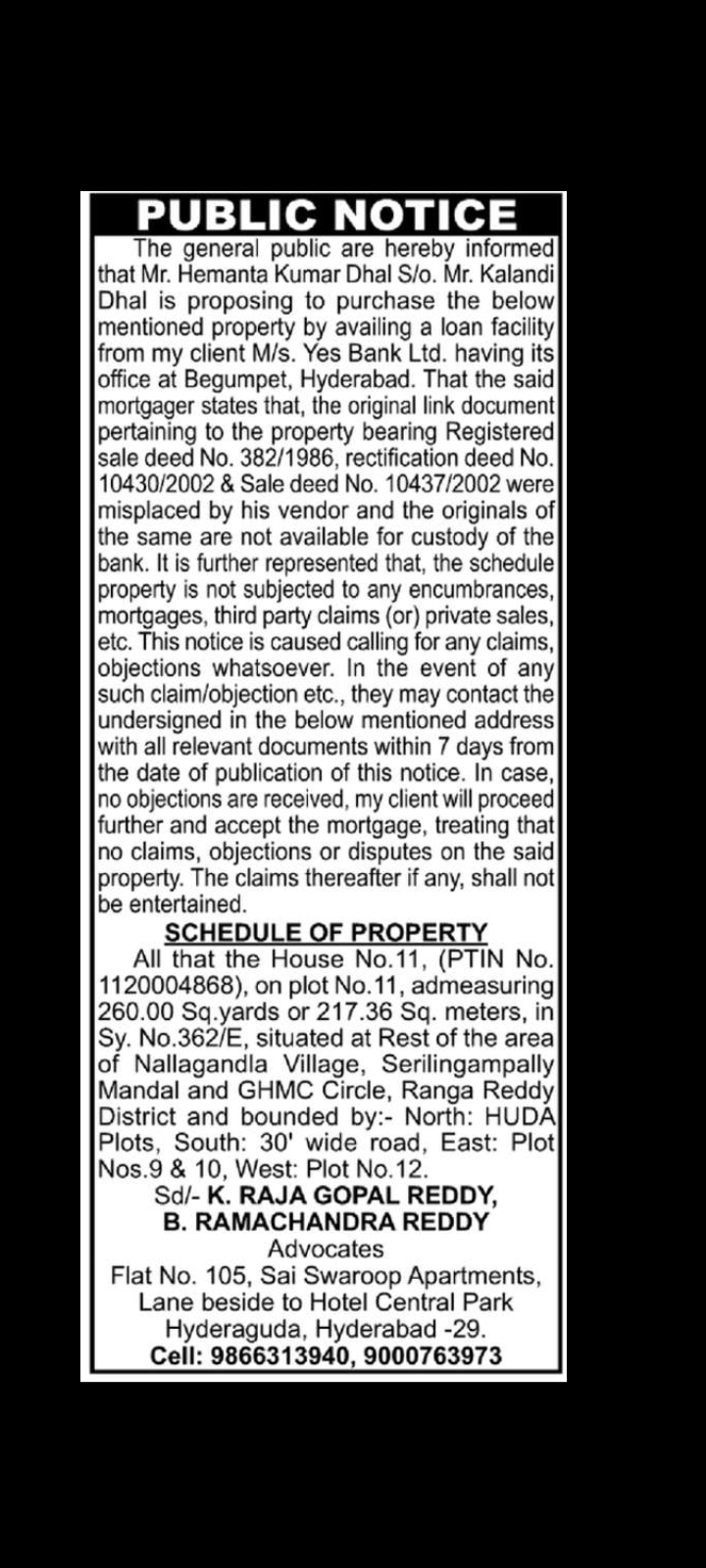 PUBLIC NOTICE – MORTGAGE AND PURCHASE VERIFICATION
