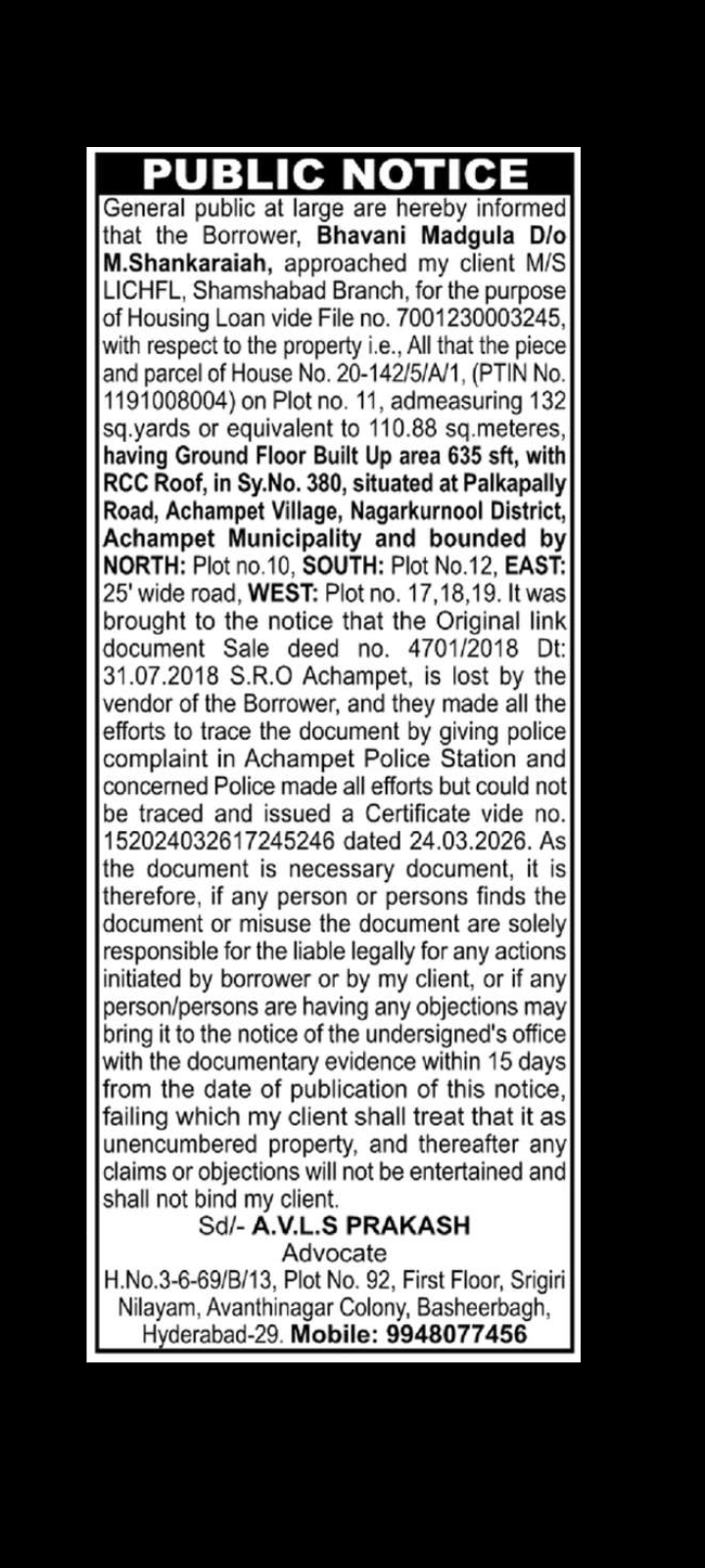 Public Notice - Property Document Lost for Bhavani Madgula