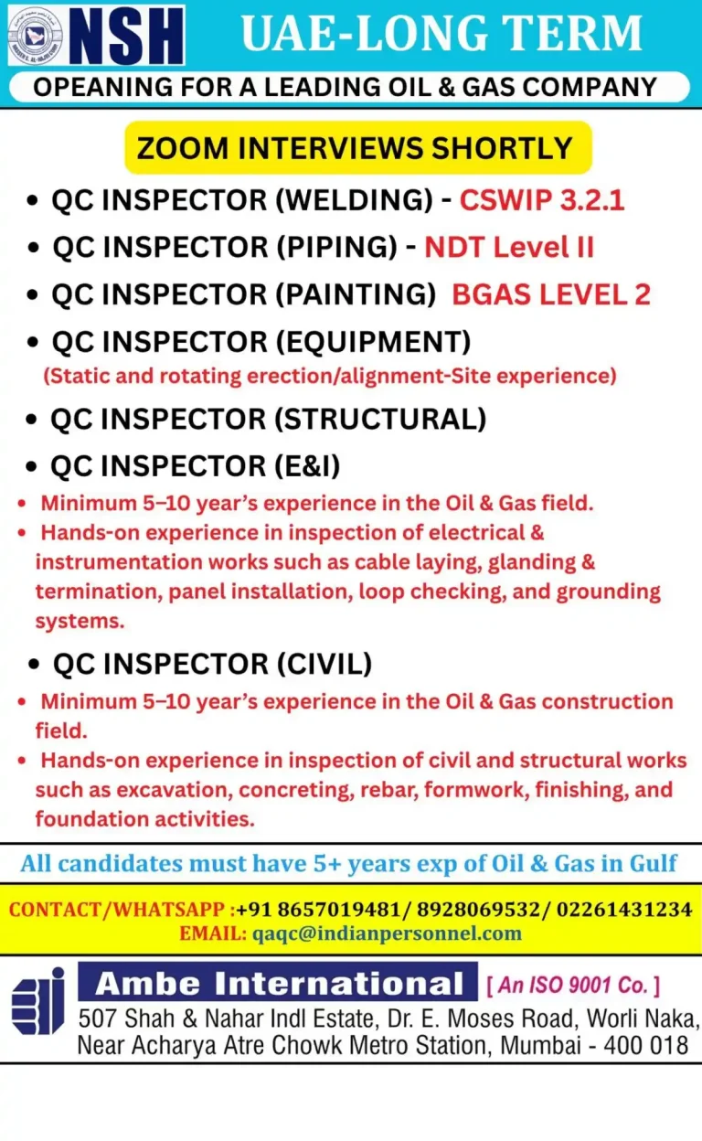 QC Inspectors – Long Term Oil & Gas Project (UAE)