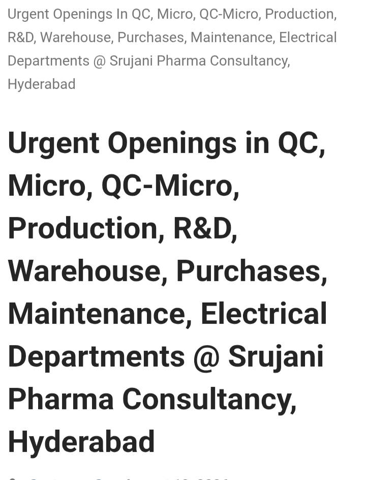 QC / Microbiology / Production / R&D / Warehouse / Maintenance staff required in Hyderabad
