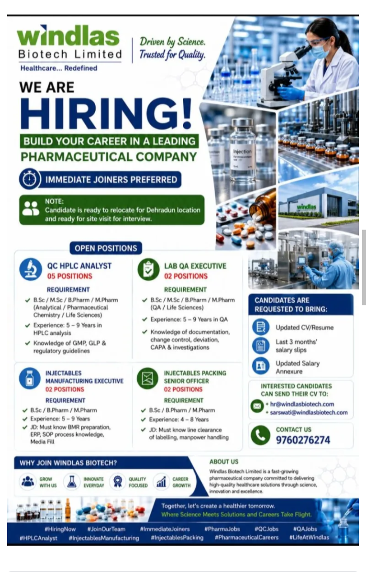 QC / QA / Manufacturing / Packing staff Required in Dehradun