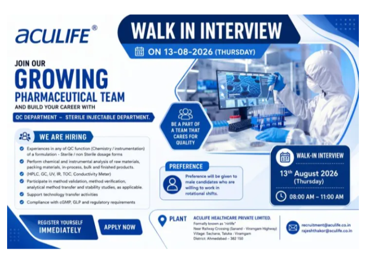 Quality Control (QC) – Sterile Injectable required in Ahmedabad