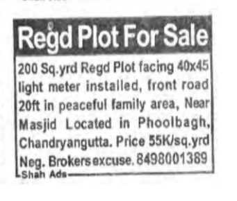 Regd Plot For Sale – Chandrayangutta