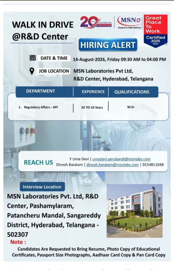 Regulatory Affairs required in Hyderabad