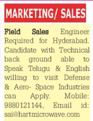 Required Field Sales Engineer in Hyderabad