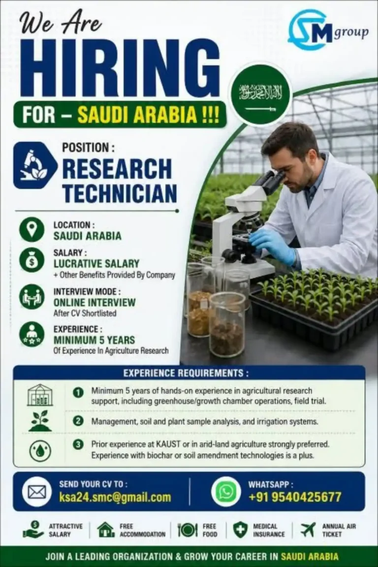 Research Technician Required in Saudi Arabia 🇸🇦🌱