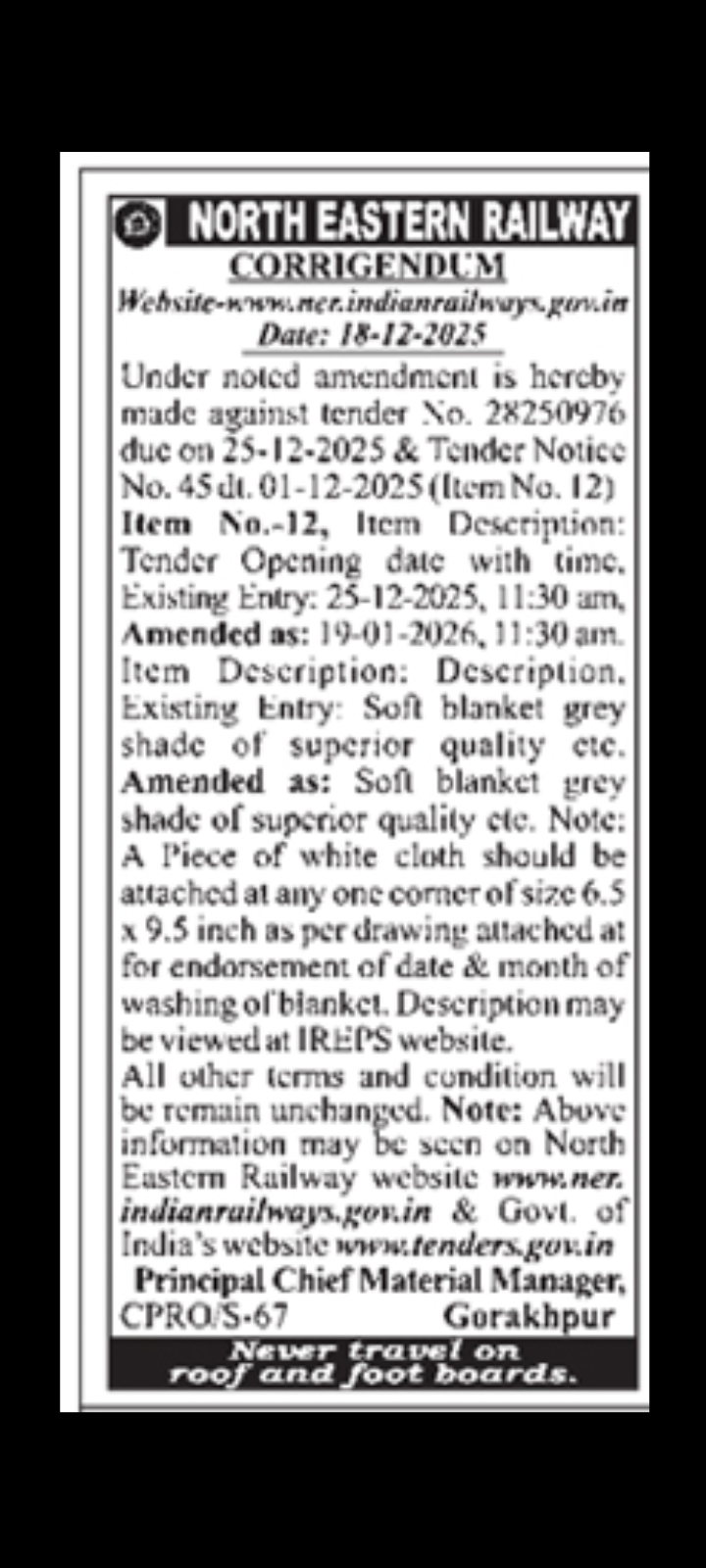 Revised Tender Schedule for Soft Blankets